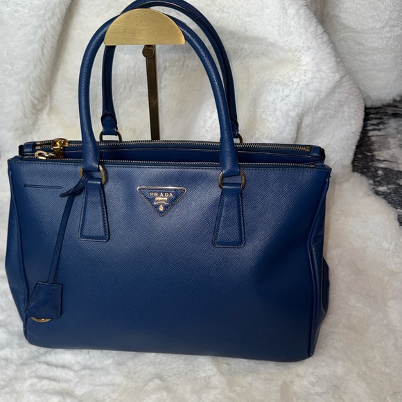 Prada Handbags - Prada Navy Blue Saffiano Double-Zip Satchel with Gold Hardware